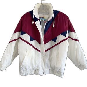 Vintage INCROWD Puffer Jacket Size L Skiing Winter Nylon Color Block Ivory Red